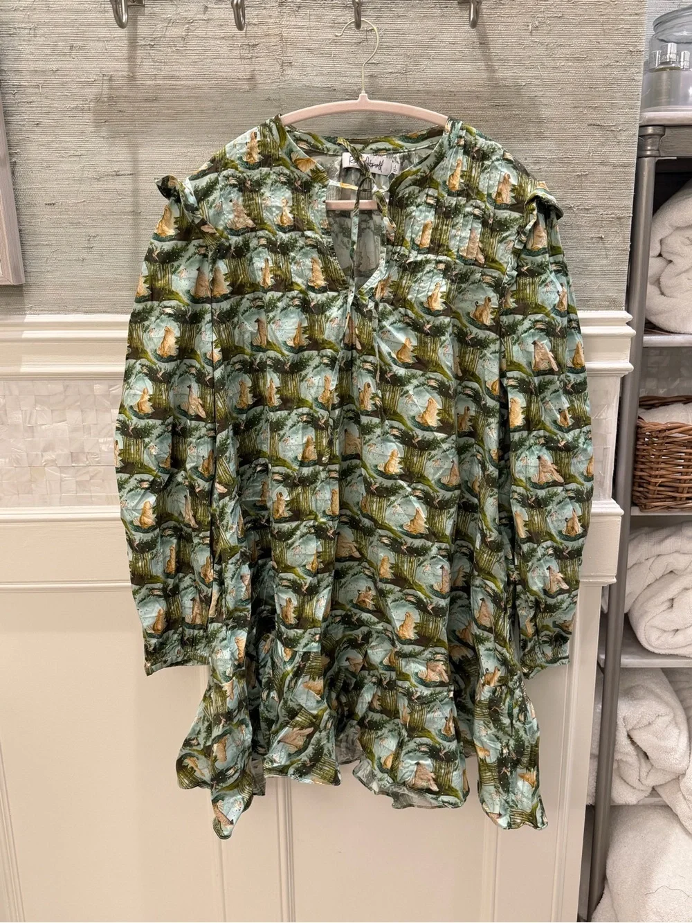 Large Rachel Antonoff Laura pleated mini dress dog pattern Green Long-Sleeve